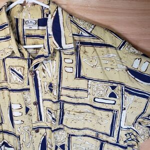 Go Barefoot Hawaiian Shirt 2XL Tan Navy Fish Print Cotton Aloha Camp Button